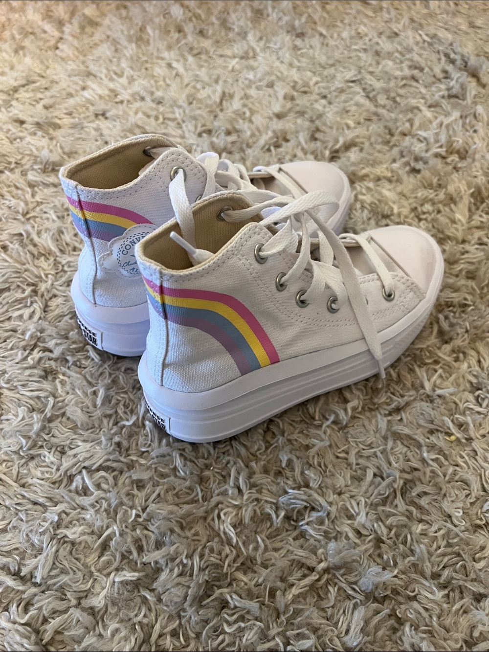 Converse Kids White High-Top Sneakers with Rainbow Stripes